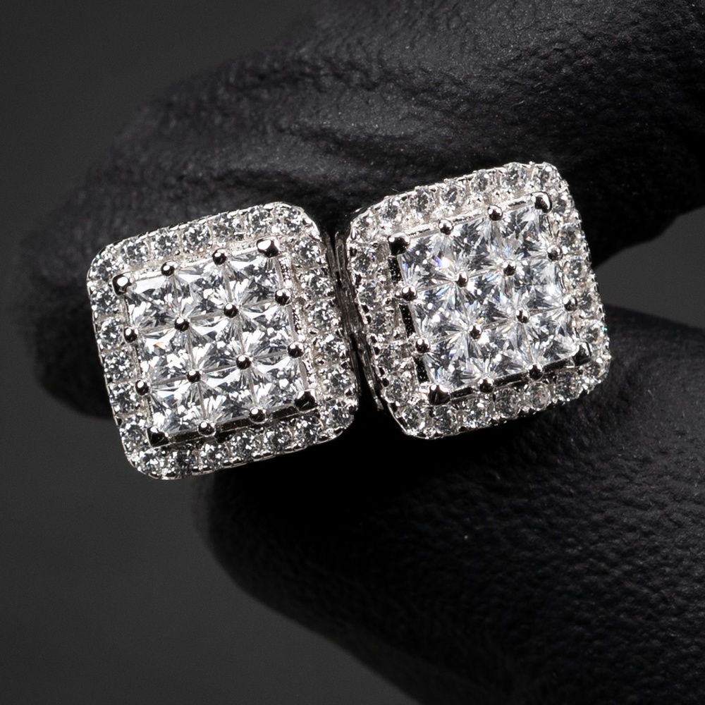 3D Men's Sterling Silver Invisible Set Square Princess Cut Iced Stud Earrings